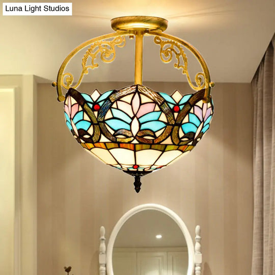 Mediterranean Petal Stained Glass Semi Flush Mount Ceiling Lamp 2 Lights Yellow/Brown/Blue - Ideal