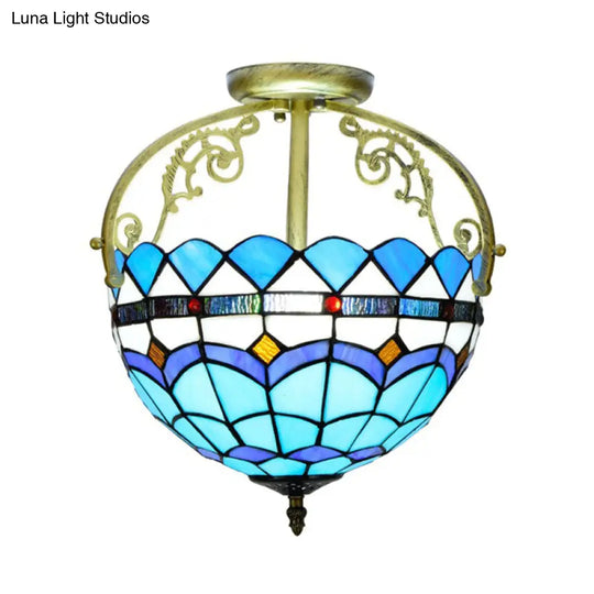 Mediterranean Petal Stained Glass Semi Flush Mount Ceiling Lamp 2 Lights Yellow/Brown/Blue - Ideal
