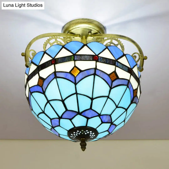 Mediterranean Petal Stained Glass Semi Flush Mount Ceiling Lamp 2 Lights Yellow/Brown/Blue - Ideal