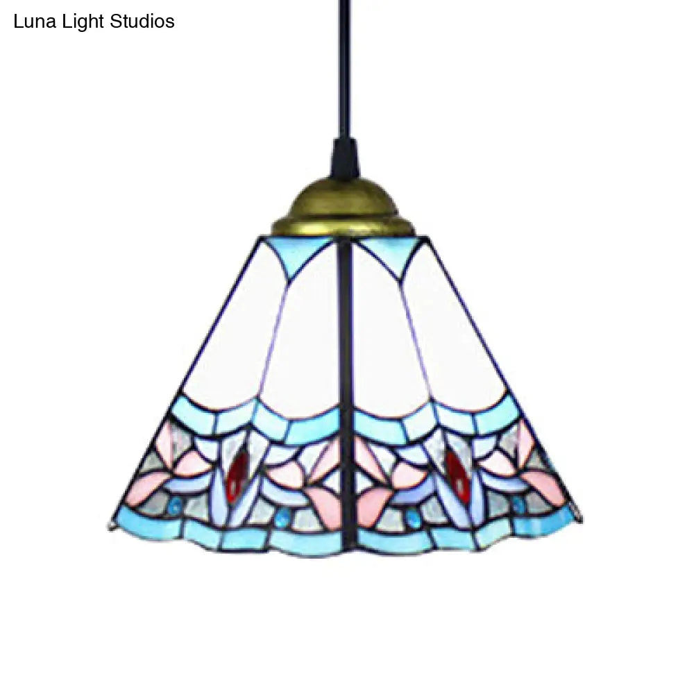 Mediterranean Purplish Blue Stained Glass Pendant Light For Bedroom Ceiling - Wide Flare Shade