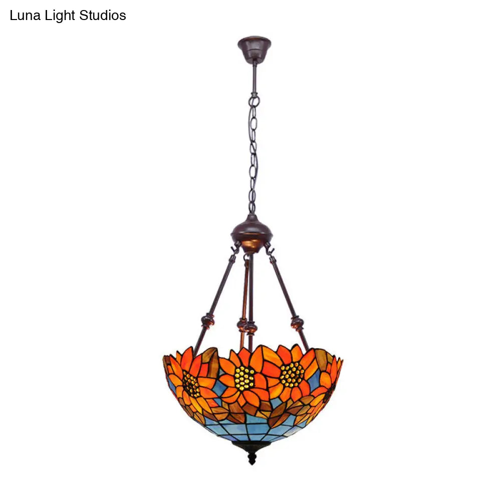 Mediterranean Red/Yellow/Orange Flower Stained Glass Kitchen Chandelier - 2-Light Ceiling Fixture