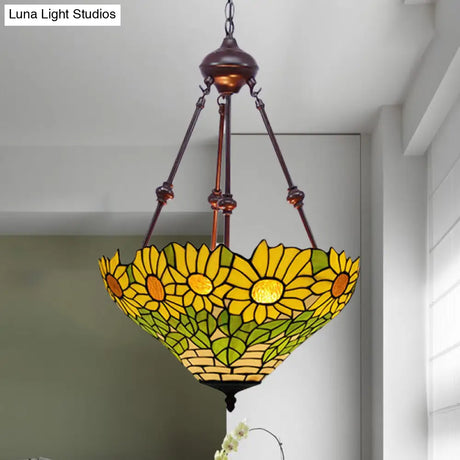 Mediterranean Red/Yellow/Orange Flower Stained Glass Kitchen Chandelier - 2-Light Ceiling Fixture