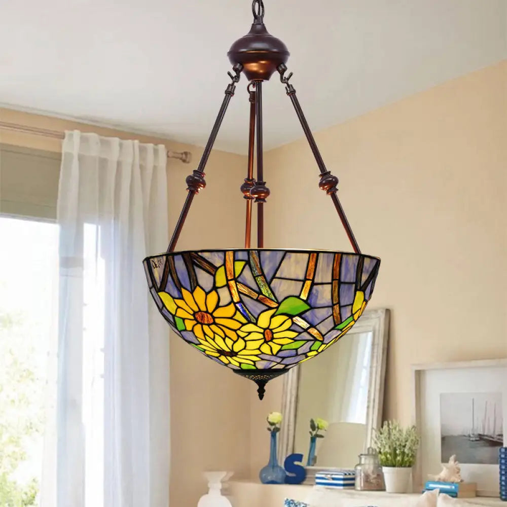Mediterranean Red/Yellow/Orange Flower Stained Glass Kitchen Chandelier - 2-Light Ceiling Fixture