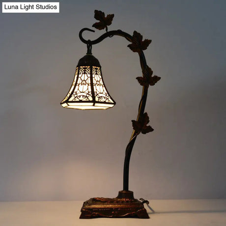 Mediterranean Rose/White Dragonfly Nightstand Lamp With Bridge Arm - Stained Glass Single Head Brown
