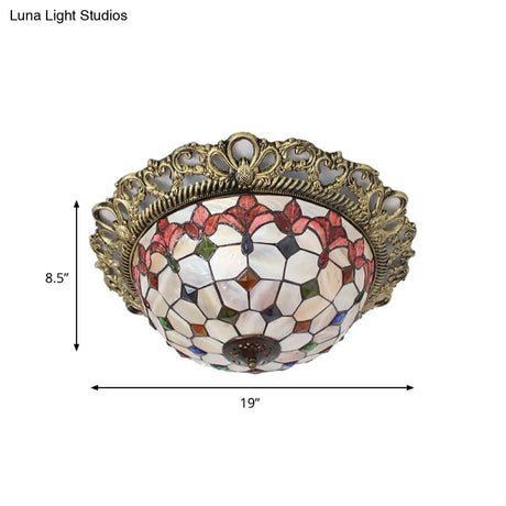 Mediterranean Shell Beaded Flush Light - Brass Flushmount With 3 Lights For Bedroom
