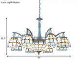 Mediterranean Stained Glass Bell Chandelier - Blue Hanging Lamp With 4/6/8 Lights For Dining Room