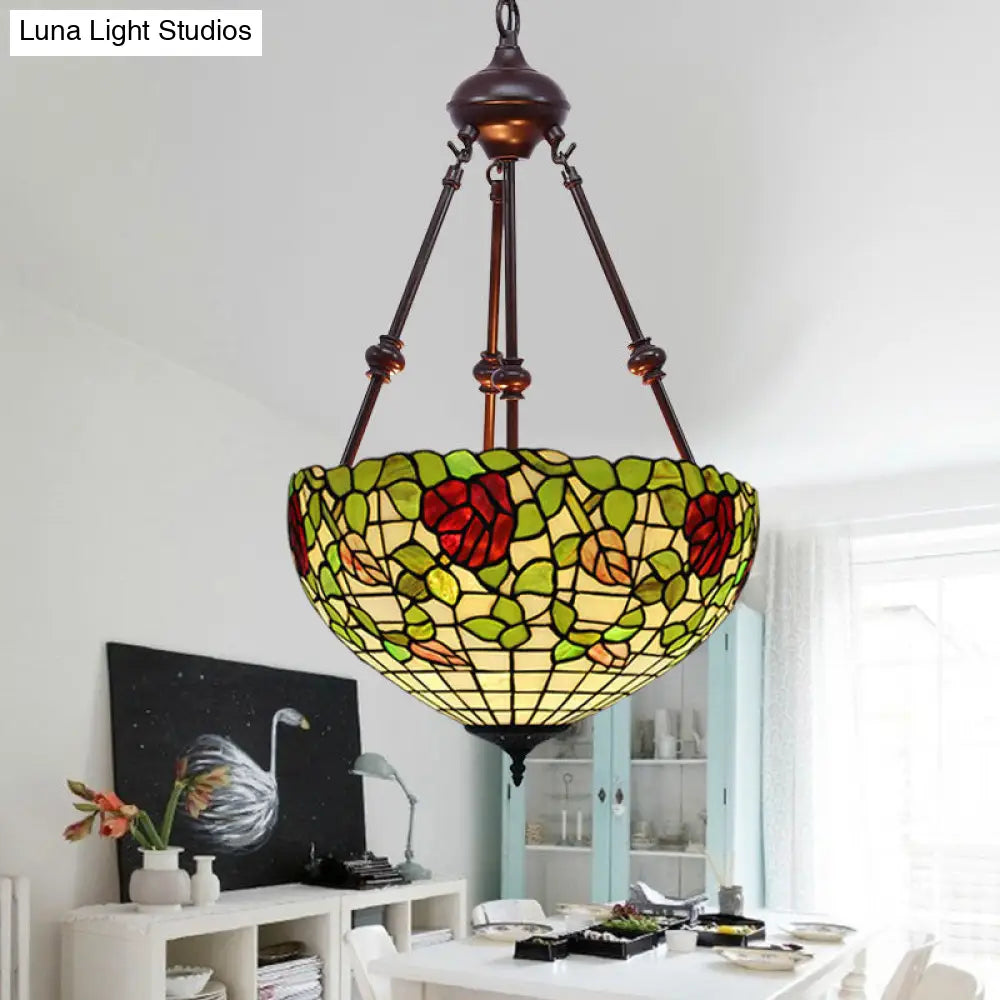 Mediterranean Stained Glass Bowl Ceiling Chandelier With 2 Red/Yellow/Green Pendant Lights