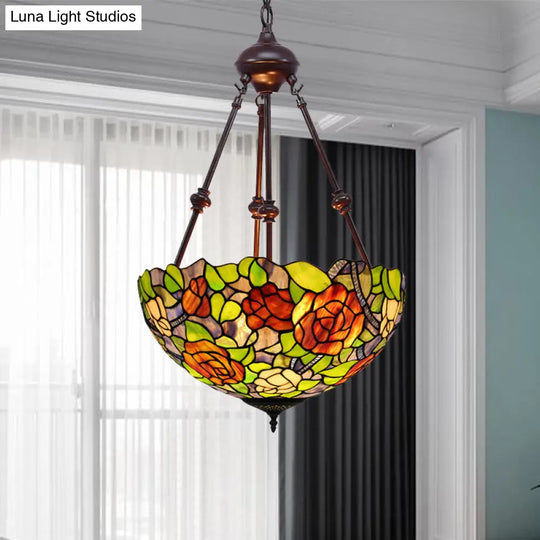 Mediterranean Stained Glass Bowl Ceiling Chandelier With 2 Red/Yellow/Green Pendant Lights Red