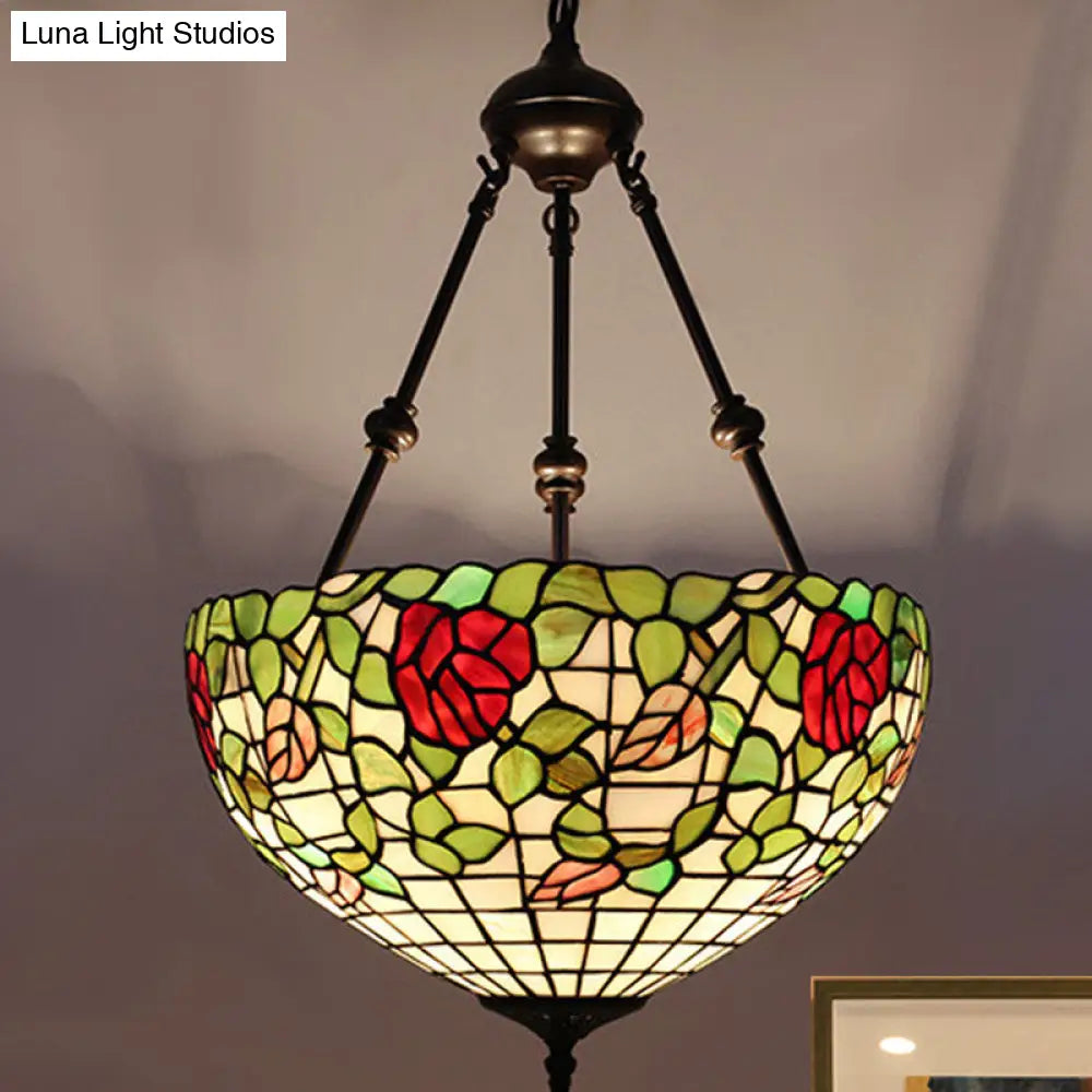 Mediterranean Stained Glass Bowl Ceiling Chandelier With 2 Red/Yellow/Green Pendant Lights Green