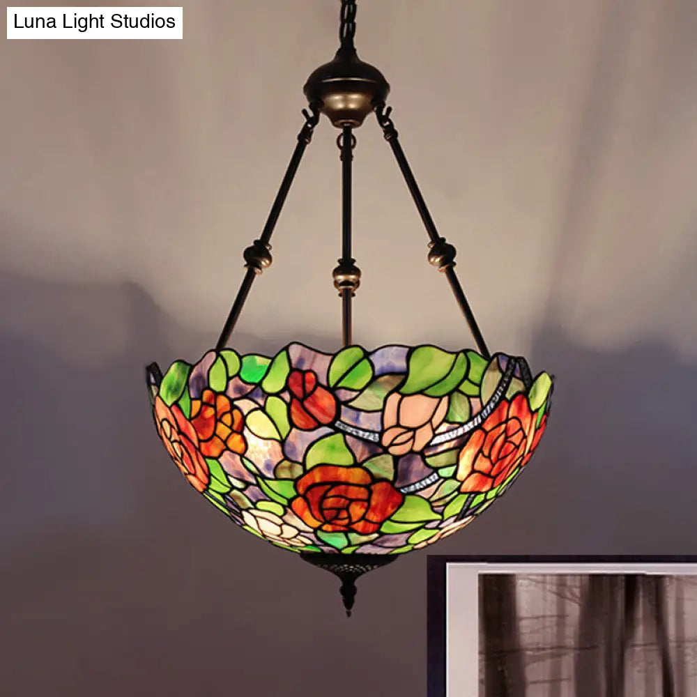 Mediterranean Stained Glass Bowl Ceiling Chandelier With 2 Red/Yellow/Green Pendant Lights Green-Red