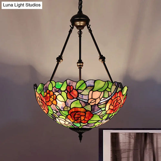 Mediterranean Stained Glass Bowl Ceiling Chandelier With 2 Red/Yellow/Green Pendant Lights Green-Red