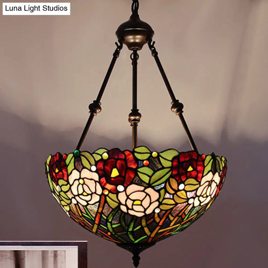 Mediterranean Stained Glass Bowl Ceiling Chandelier With 2 Red/Yellow/Green Pendant Lights Dark