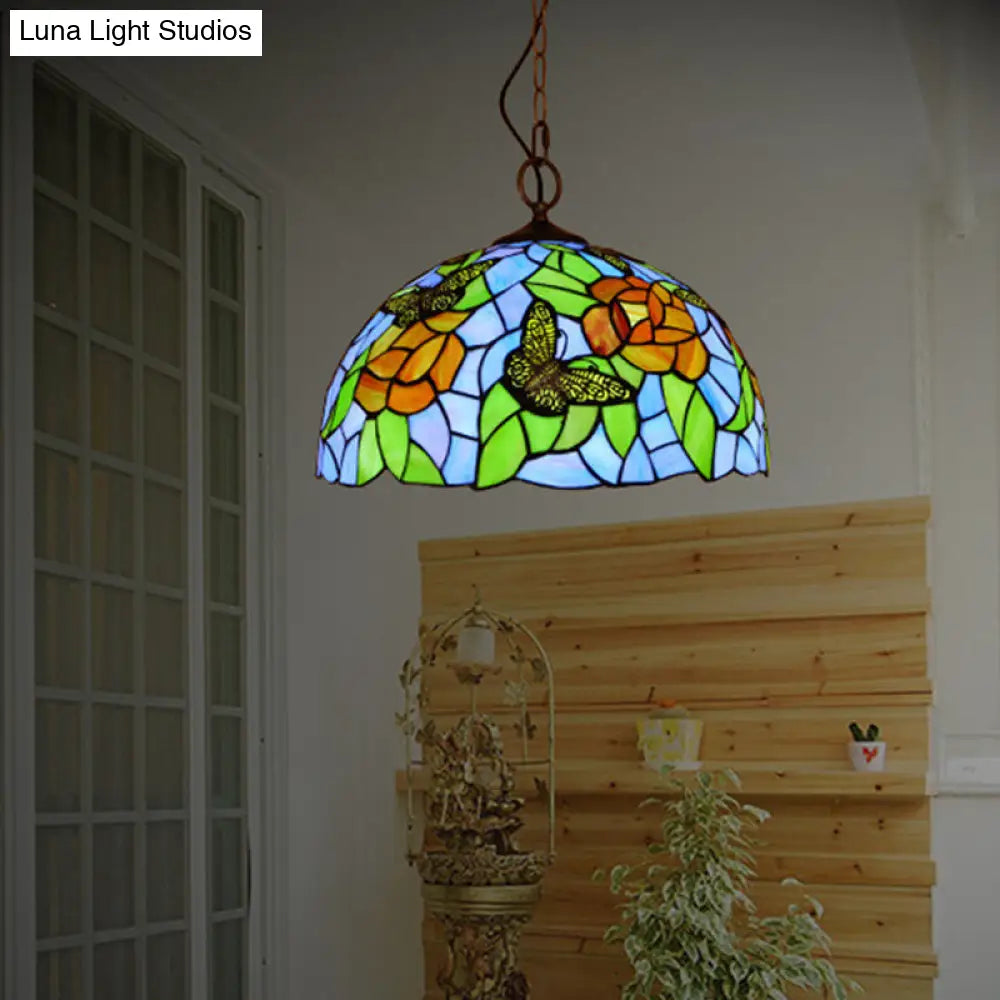 Mediterranean Stained Glass Butterfly Pendant Light Fixture - White/Red Red
