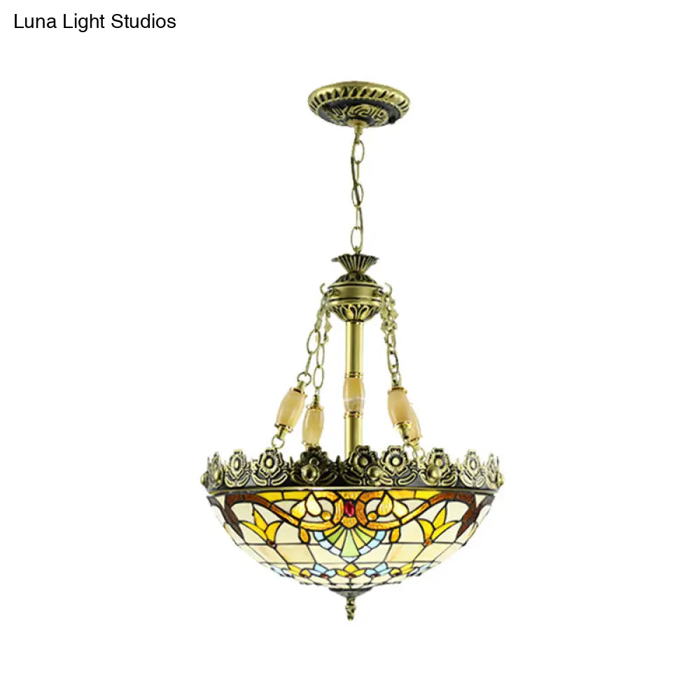 Mediterranean Stained Glass Chandelier - 3/4 Lights Yellow/Blue 12’/16’ W Kitchen Hanging Light Kit