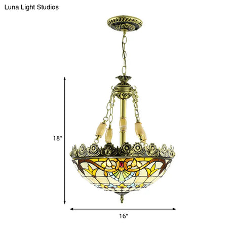 Mediterranean Stained Glass Chandelier - 3/4 Lights Yellow/Blue 12’/16’ W Kitchen Hanging Light Kit
