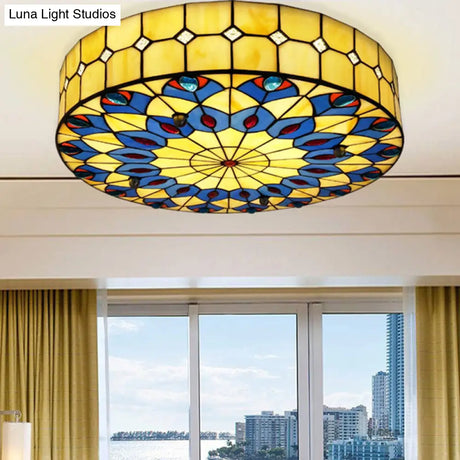 Mediterranean Stained Glass Drum Ceiling Mount Light For Bedroom