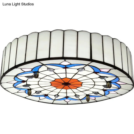 Mediterranean Stained Glass Drum Ceiling Mount Light For Bedroom
