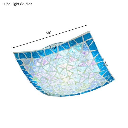 Mediterranean Stained Glass Flush Mount Ceiling Light - Blue Square 16/12 Width