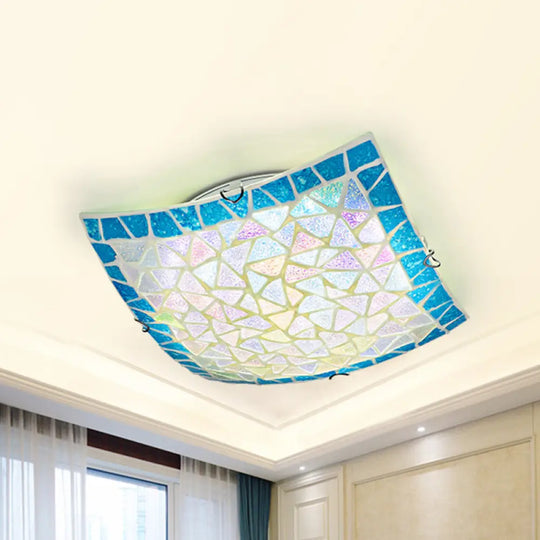 Mediterranean Stained Glass Flush Mount Ceiling Light - Blue Square 16’/12’ Width / 12’