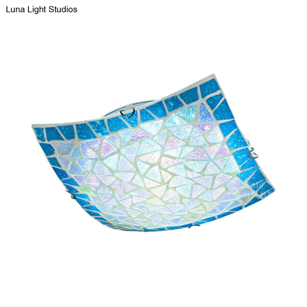 Mediterranean Stained Glass Flush Mount Ceiling Light - Blue Square 16’/12’ Width