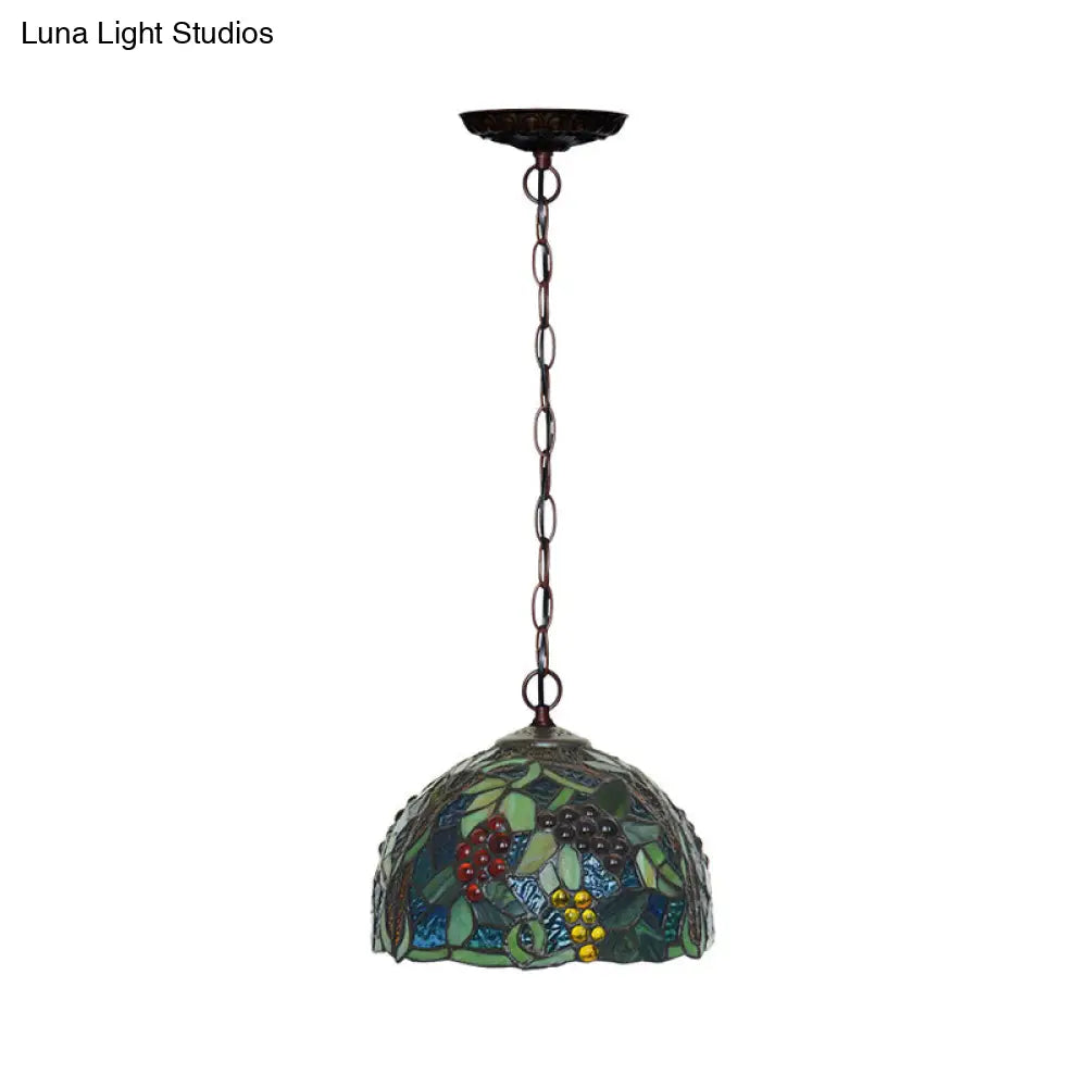 Mediterranean Stained Glass Hanging Light - Green Dome 8’/12’ Bronze Pendant