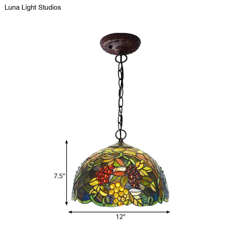 Mediterranean Stained Glass Hanging Light - Green Dome 8’/12’ Bronze Pendant