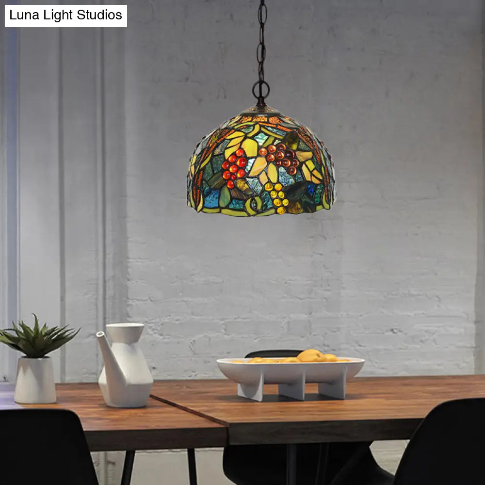 8/12 Dome Green Stained Glass Hanging Light - Mediterranean Style Bronze Accent Pendant / 8