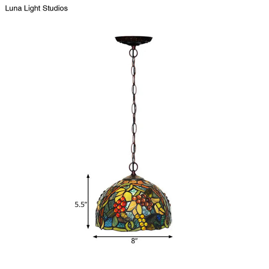 8/12 Dome Green Stained Glass Hanging Light - Mediterranean Style Bronze Accent Pendant