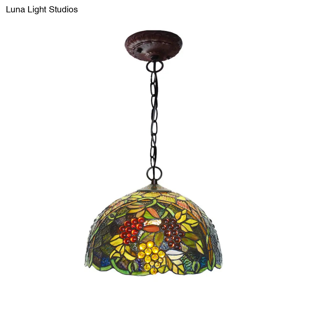 8/12 Dome Green Stained Glass Hanging Light - Mediterranean Style Bronze Accent Pendant