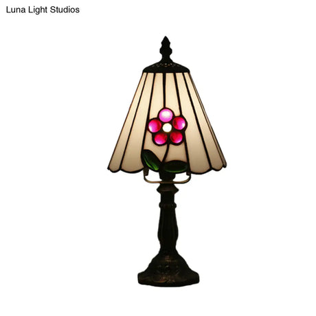 Mediterranean Stained Glass Night Light: White/Red With Conical/Flared Shape And Floral Pattern