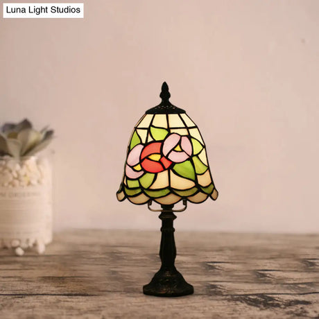 Mediterranean Stained Glass Night Light: White/Red With Conical/Flared Shape And Floral Pattern
