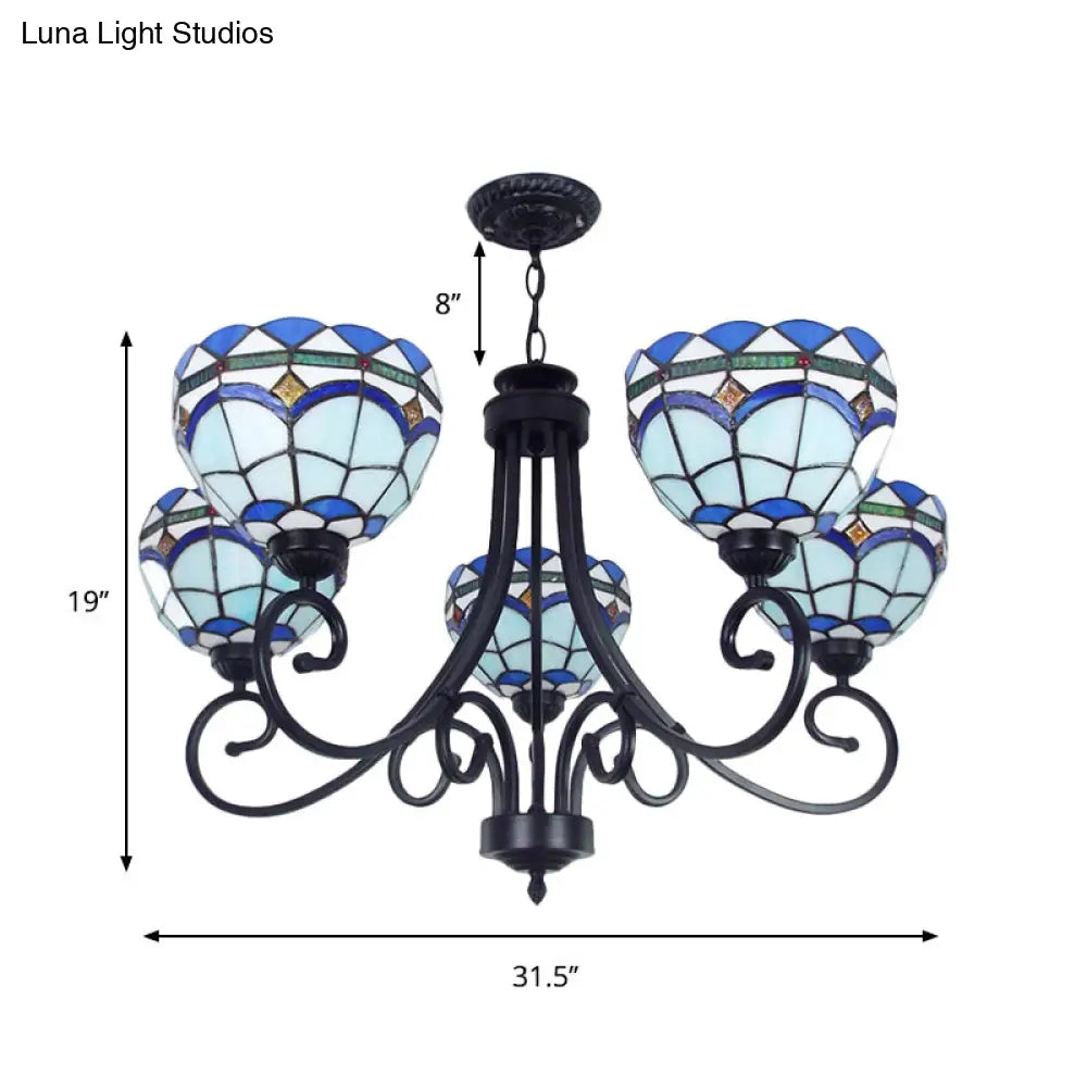 5-Light Stained Glass Mediterranean Bowl Pendant In Blue
