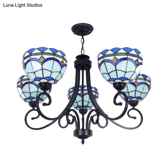 5-Light Stained Glass Mediterranean Bowl Pendant In Blue