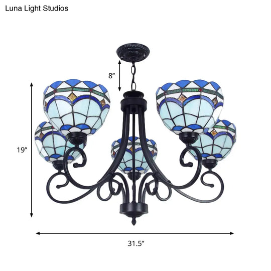 Mediterranean Stained Glass Pendant Light - 5 Blue Lights Hanging Ceiling Fixture