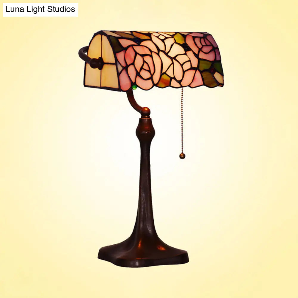 Mediterranean Stained Glass Rose Pattern Piano Lamp With Pink Pull Chain - Elegant 1-Head Desk