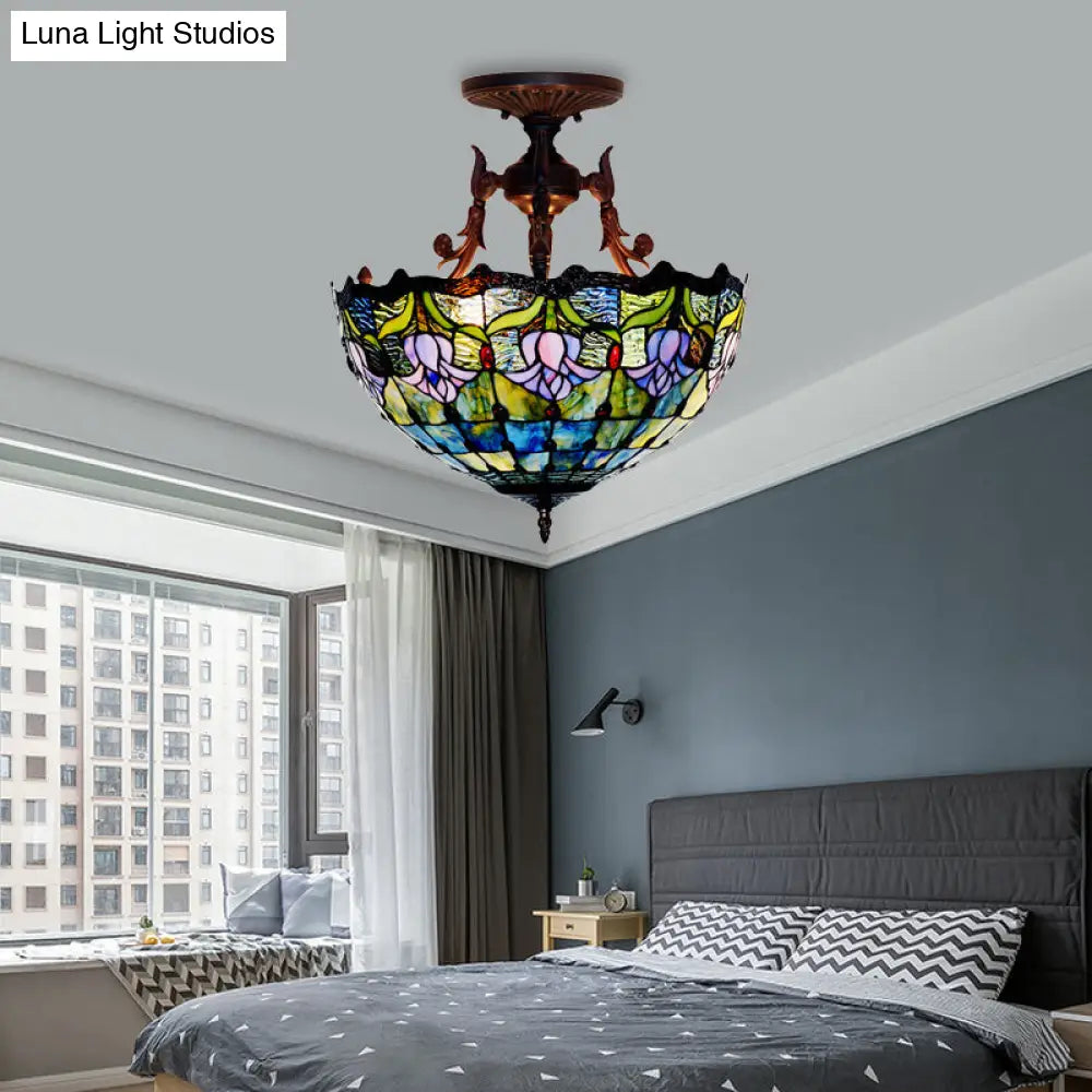 Mediterranean Stained Glass Semi Flush Mount Light - 3 Red/Blue Lights For Living Room Ceiling Blue