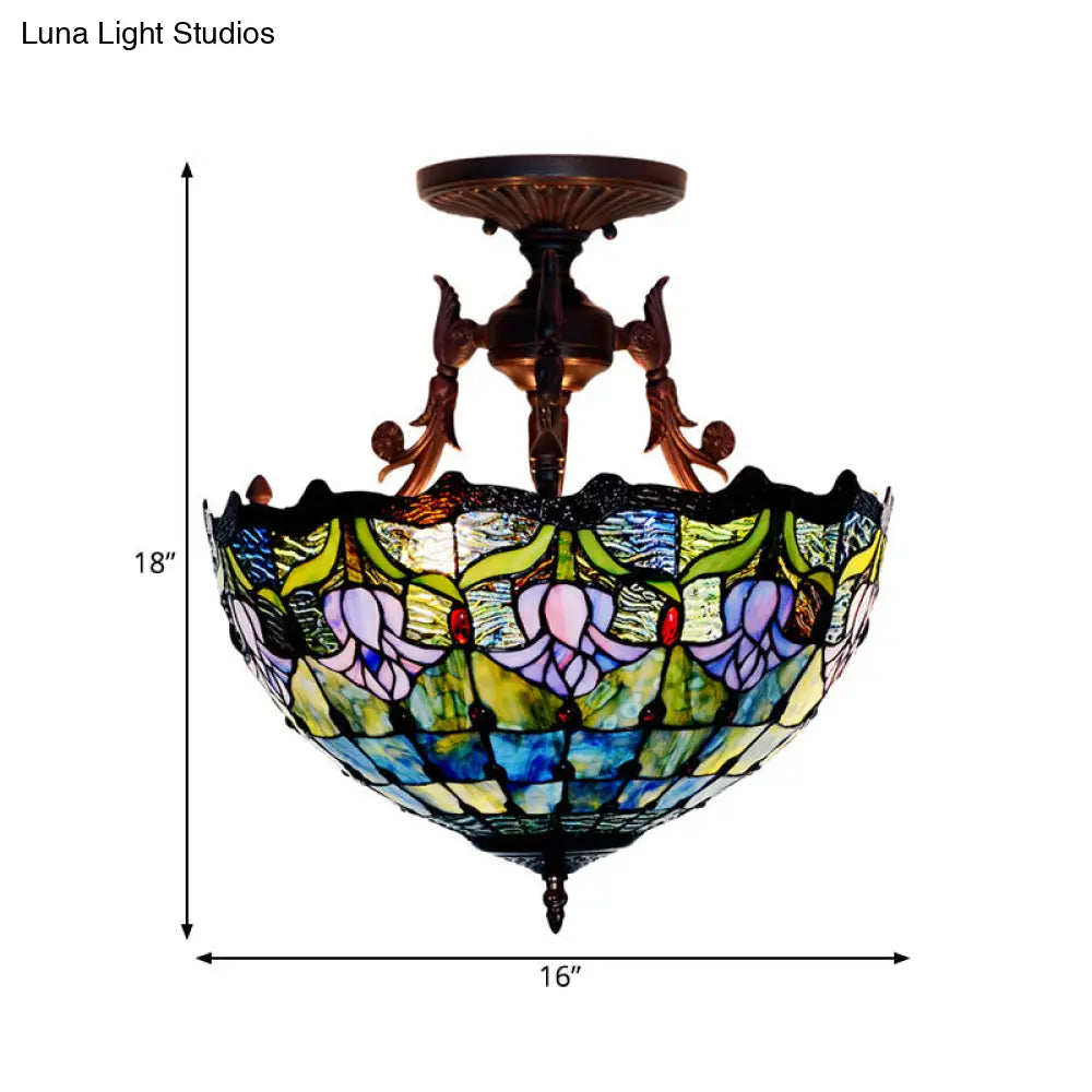 Mediterranean Stained Glass Semi Flush Mount Light - 3 Red/Blue Lights For Living Room Ceiling