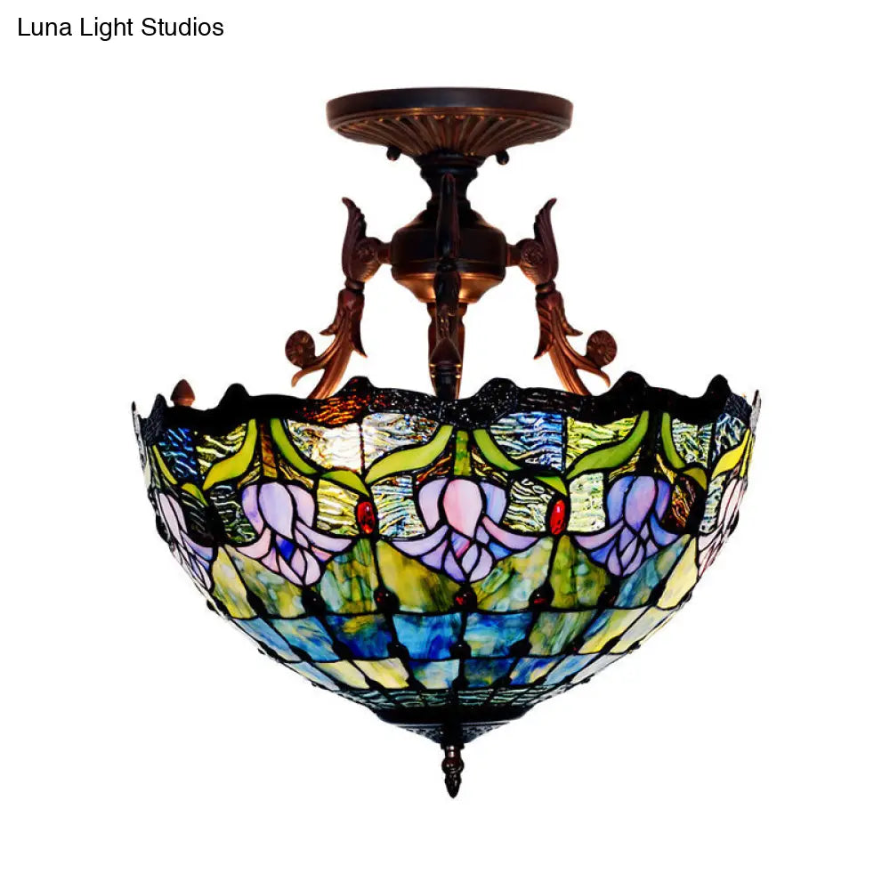 Mediterranean Stained Glass Semi Flush Mount Light - 3 Red/Blue Lights For Living Room Ceiling
