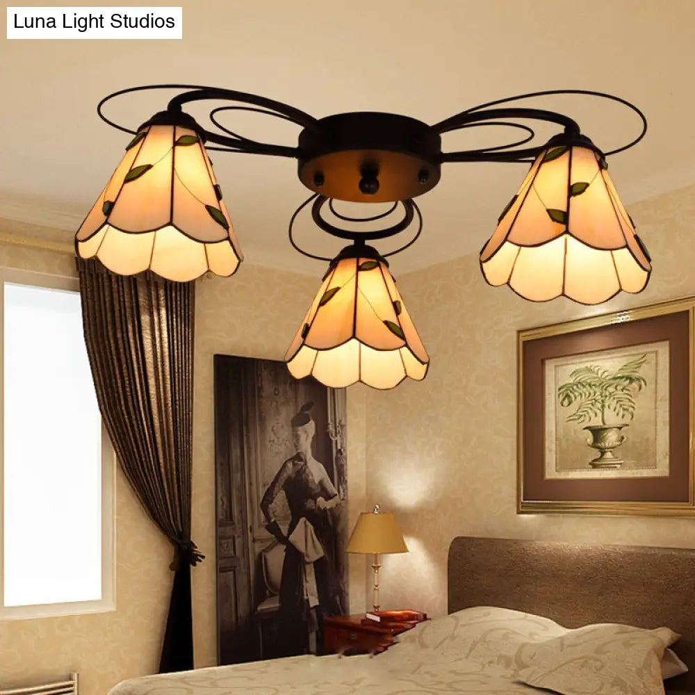 Mediterranean Stained Glass Semi - Flush Mount Light Fixture With Yellow/Blue Cone Design (3/7/9