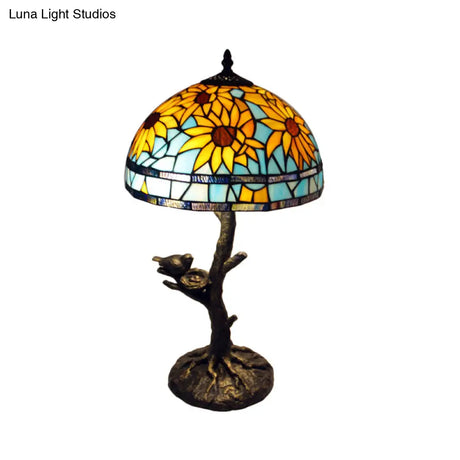 Mediterranean Stained Glass Table Lamp: Sunflower Design Antique Brass 1 Light
