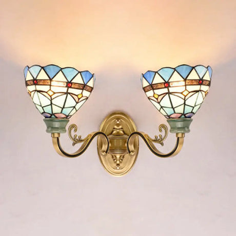 Mediterranean Stained Glass Wall Sconce Light For Living Room Blue