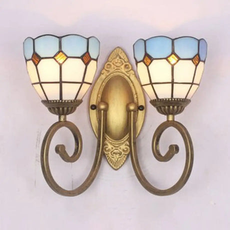 Mediterranean Stained Glass Wall Sconce With Dual Head Bowl Lighting In White/Clear For Living Room