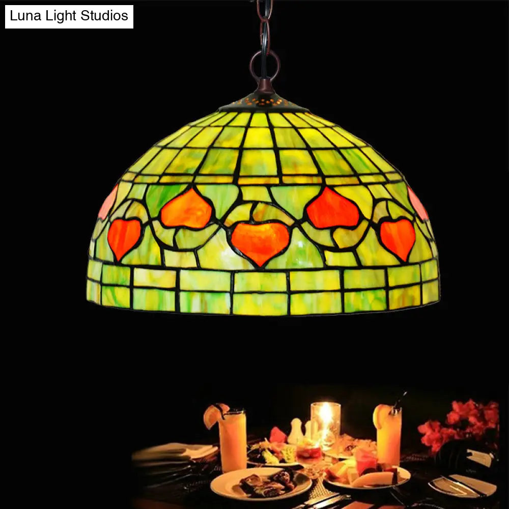 Mediterranean Red/Green Stained Glass Kitchen Pendant Light With Domed Shade Green