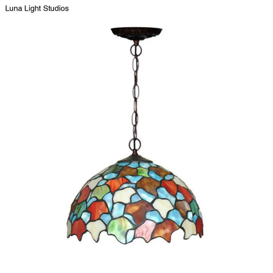 Mediterranean Red/Green Stained Glass Kitchen Pendant Light With Domed Shade