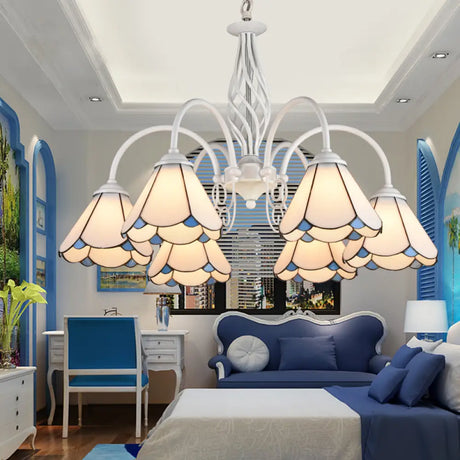 Mediterranean Style White Living Room Chandelier With Scalloped Glass Shade 6 / Down
