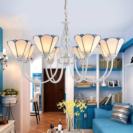Mediterranean Style White Living Room Chandelier With Scalloped Glass Shade 8 / Up