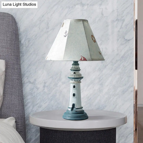 Mediterranean Tapered Night Light Fabric Table Lamp With Nautical Design And Lighthouse Base