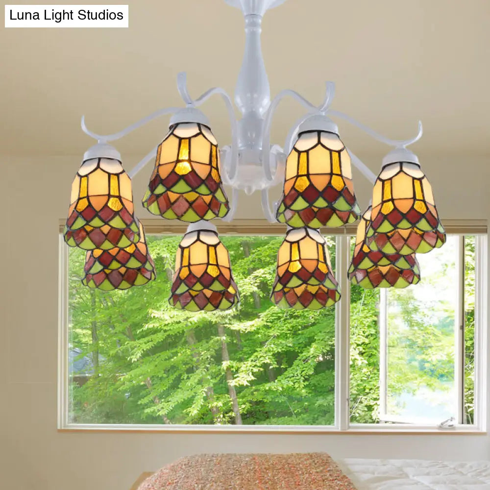 Mediterranean White Stained Glass Semi Flush Ceiling Mount Light - 6/8-Light Bell Design For Living