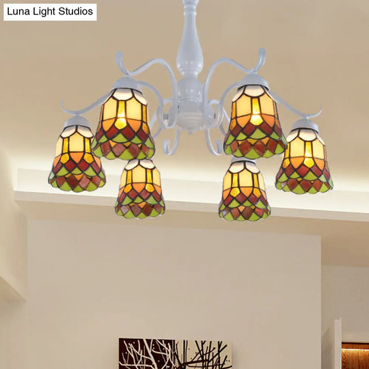 Mediterranean White Stained Glass Semi Flush Ceiling Mount Light - 6/8-Light Bell Design For Living