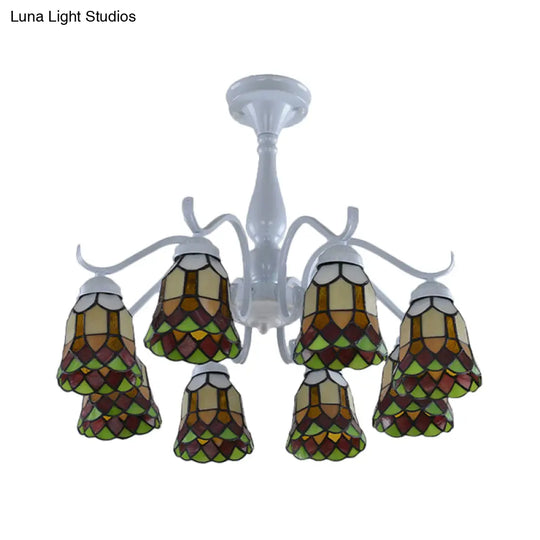 Mediterranean White Stained Glass Semi Flush Ceiling Mount Light - 6/8-Light Bell Design For Living